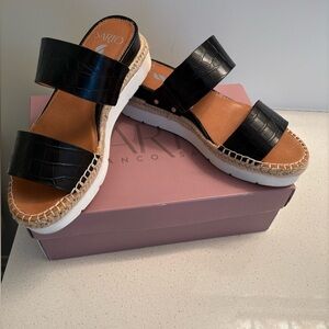 SARTO By Franco Sarto Black Croc-Embossed Espadrille Slide Sandals